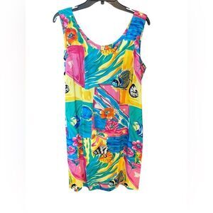 Bindi Sz L Vintage Hawaiian Vibrant Yellow Fish Print Sleeveless Tank Dress